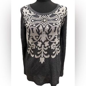 JoyPeace Long Sleeve Gray/White Festive Beaded Lightweight Top, Small
